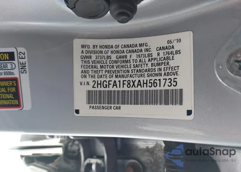 2010 Honda Civic Ex из США, поврежденный, VIN 2HGFA1F8XAH561735